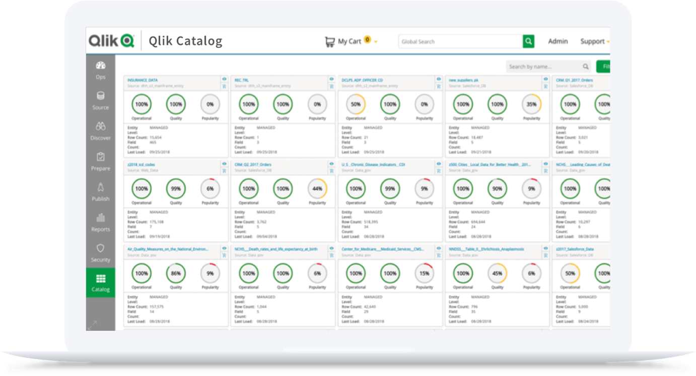 Ein Dashboard-Screenshot des unternehmensweiten Datenkatalogs von Qlik Sense